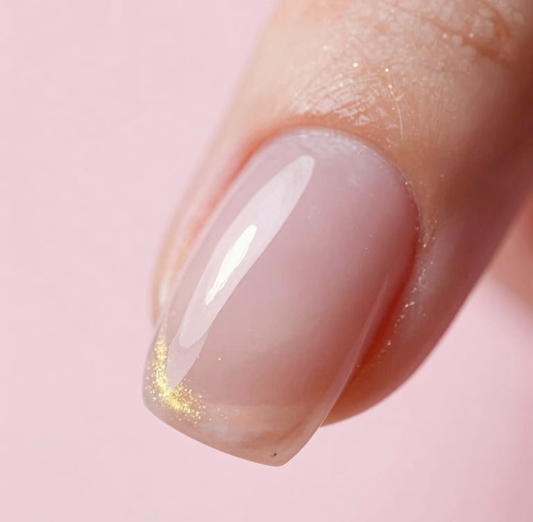 Extreme macro close-up of a perfectly sculpted fiberglass nail with a high-gloss finish, soft studio lighting with subtle gold reflections, quartz pink background, premium beauty photography