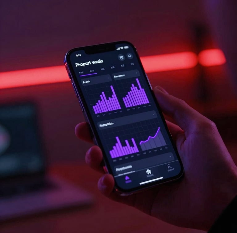 Cinematic close-up of a modern smartphone displaying a sleek dark streaming dashboard with glowing purple analytics charts, held by a person in a low-key lit room with neon red background accent lighting, shallow depth of field, 8k