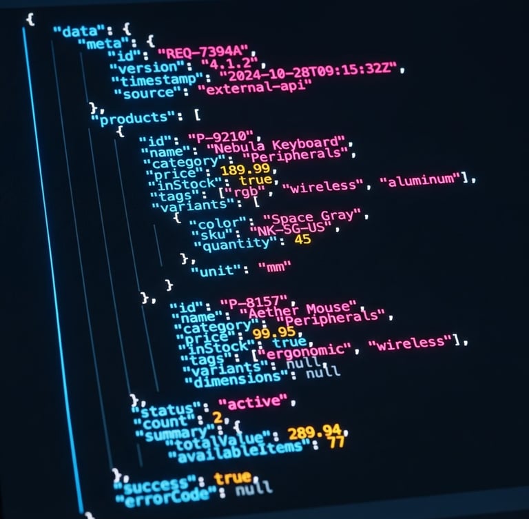 Macro shot of clean JSON code snippet on a glowing dark-mode IDE screen with neon blue backlighting, sharp vector lines, high-contrast technical aesthetic