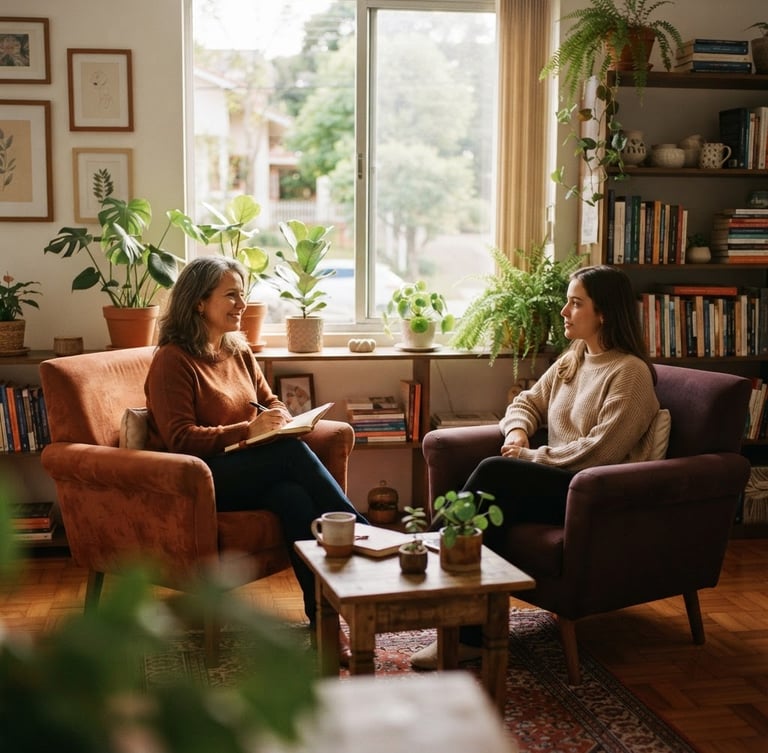Warm editorial photography of a cozy psychology office in Curitiba, soft afternoon window light, indoor plants, comfortable terracotta and plum colored chairs, shallow depth of field, 35mm