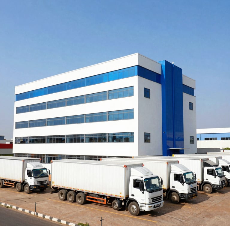 Vue en hauteur d'un entrepôt logistique moderne au Sénégal, camions de transport alignés en journée ensoleillée, architecture contemporaine épurée.
