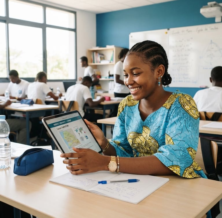 Un plan moyen lumineux d'une étudiante sénégalaise souriante utilisant une tablette moderne dans une salle de classe ensoleillée à Touba, lumière naturelle du jour, accents bleus.