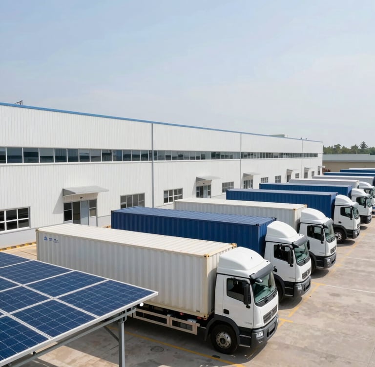 A modern logistics hub in West Africa with solar-powered warehouses, container trucks aligned under bright daylight, clean architectural lines