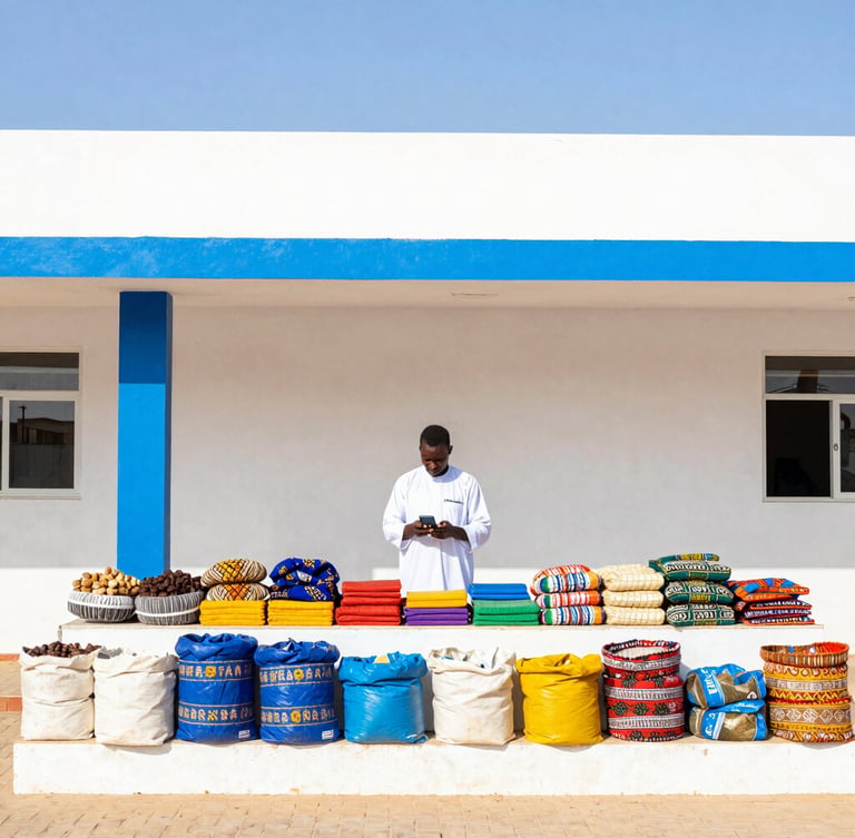 A vibrant outdoor market stall in Senegal with neatly arranged goods, a merchant holding a smartphone, bright natural sunlight, high-key editorial photograph