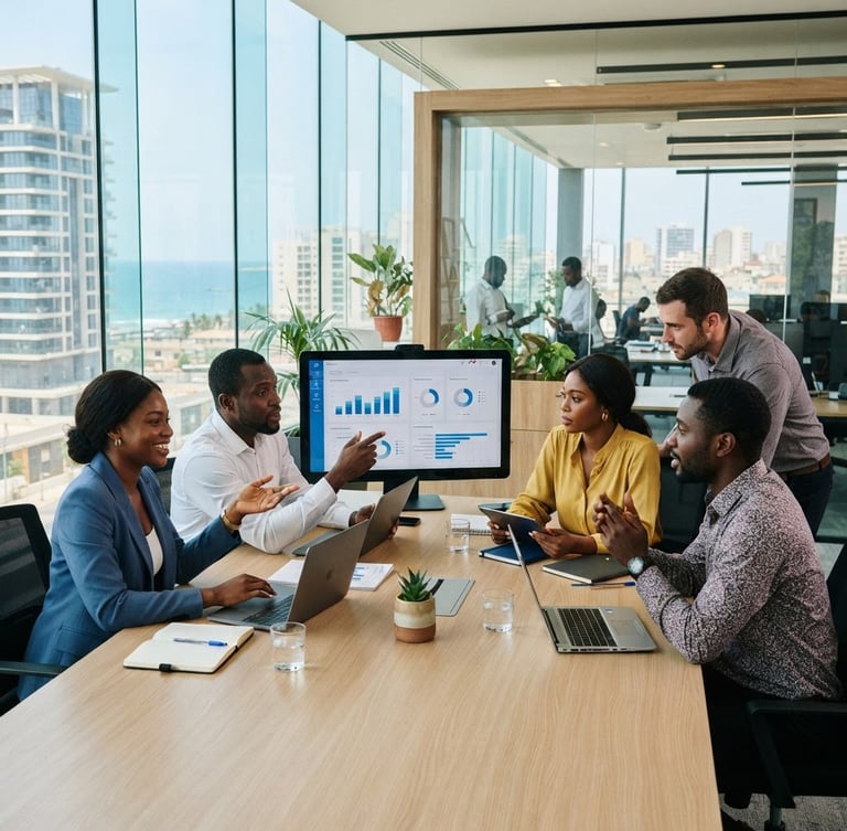 Bright environmental editorial photography of a modern glass-walled office in Dakar, Senegal, with collaborative African business professionals working under natural West African daylight, clean corporate setting, sharp focus.