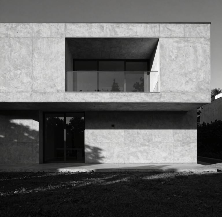 High-contrast black and white architectural photography of a minimalist concrete villa facade, dramatic late afternoon sun casting deep geometric shadows, wide-angle symmetrical composition, Hasselblad medium format.