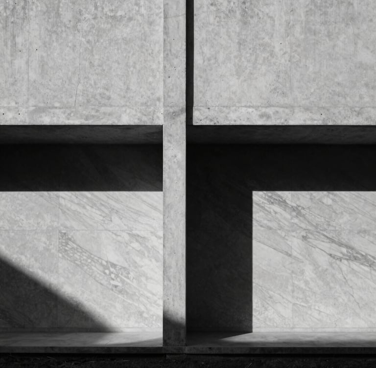 Symmetrical medium-format composition of a minimalist raw concrete villa facade, a single concrete column casting a deep shadow against textured marble, dramatic late afternoon sun.