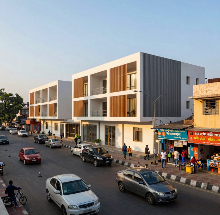 Vibrant street scene in Vijay Park, Mira Road East, during afternoon, showing modern infrastructure, light traffic, and local shops, wide-angle.