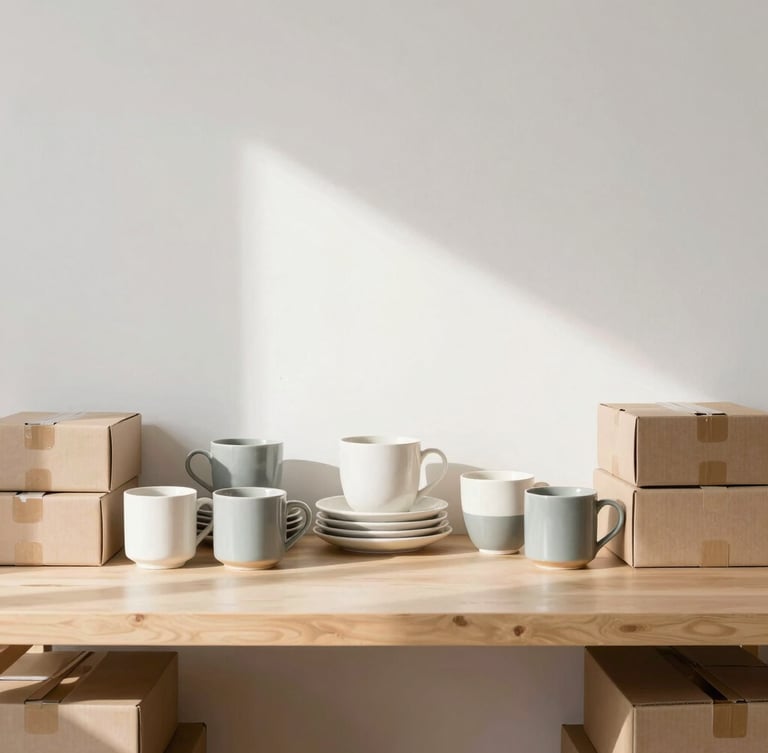 A bright, airy home office workspace with organized stacks of modern homeware, ceramic mugs, and shipping boxes under soft indirect daylight.