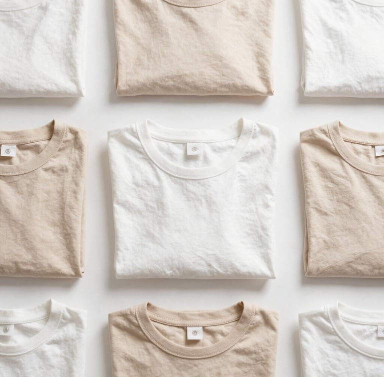 A bright, clean overhead flat lay of neatly folded organic cotton apparel in warm minimalist tones, soft natural daylight, 35mm lens
