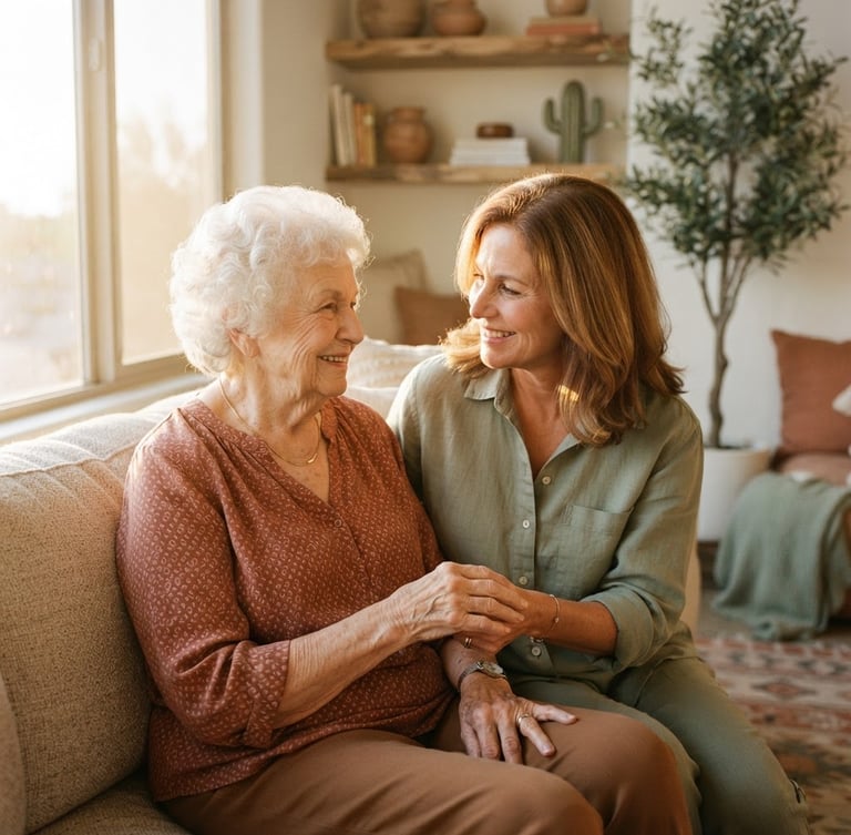 Warm lifestyle photo of an adult daughter gently holding her elderly mother's hand, both smiling softly, in a sun-drenched modern Arizona living room, shallow depth of field, golden hour light.