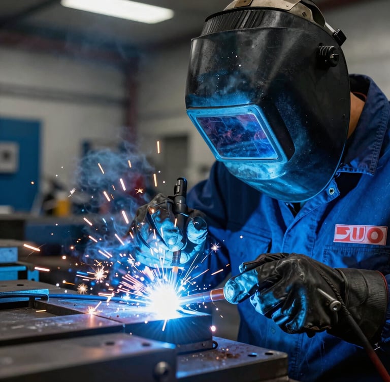 Close-up of a certified welder in full safety gear executing a clean MIG weld bead, dramatic blue-toned welding arc light, sparks flying, industrial workshop background, sharp details, 35mm lens