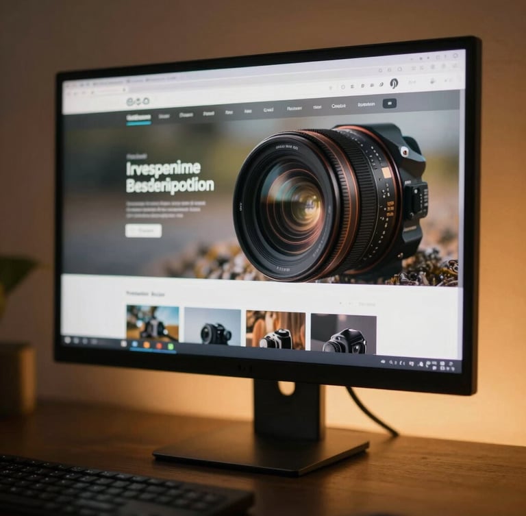 Macro crop of a modern responsive web interface displayed on a high-end physical monitor, dark studio setting with warm amber backlighting