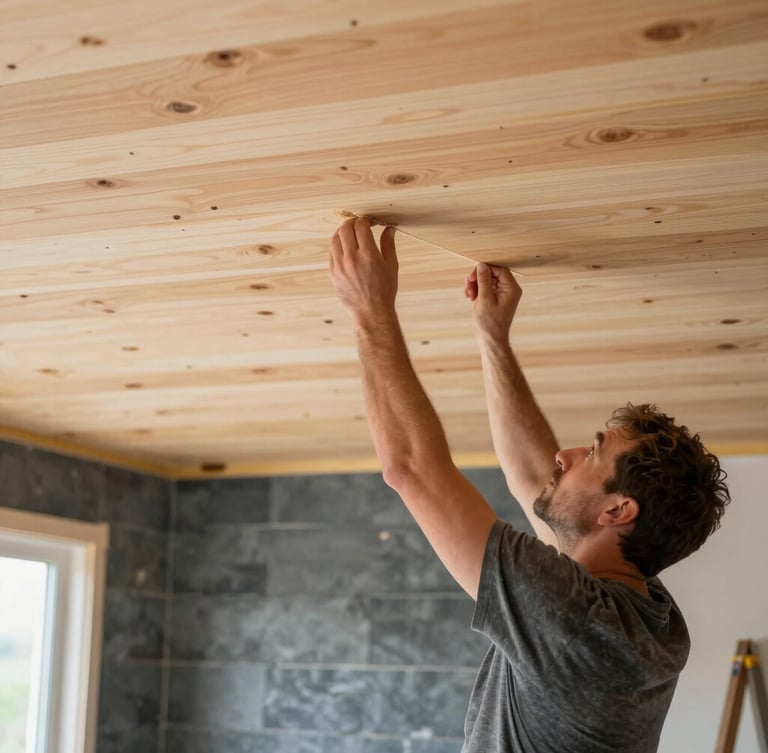 Sharp documentary shot of a master carpenter installing natural cedar ceiling panels, bright natural daylight, clean workspace