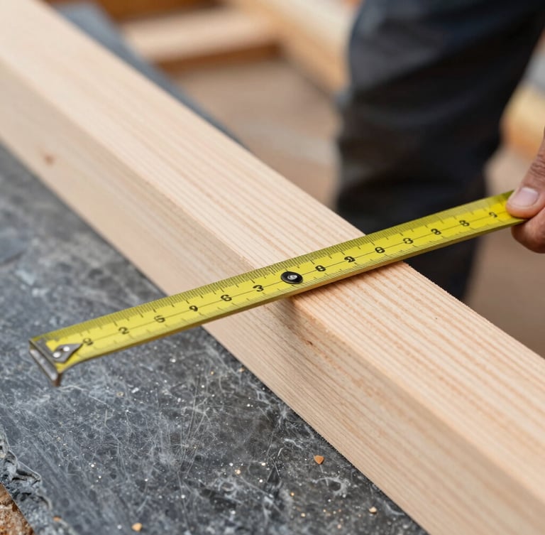 Close-up of a master carpenter measuring a cedar joint, sharp focus on raw wood grain, natural daylight.
