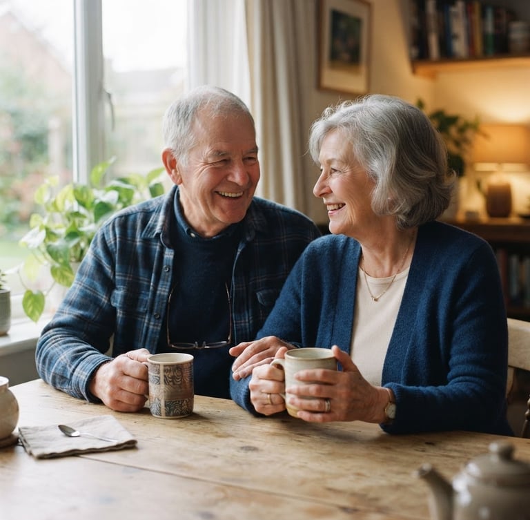 Warm editorial photography of a senior couple sitting together at a wooden dining table bathed in soft morning window light, smiling with relief, holding coffee mugs, shallow depth of field, 35mm