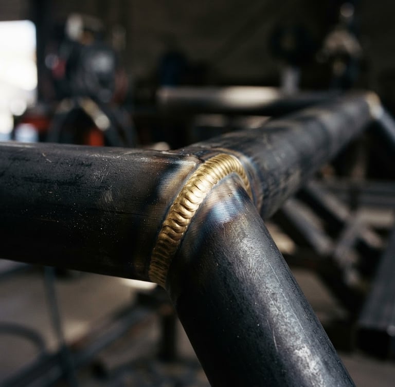 A high-contrast close-up of a flawless brass weld joint on a deep charcoal steel frame, sharp focus, industrial editorial style, 35mm lens.