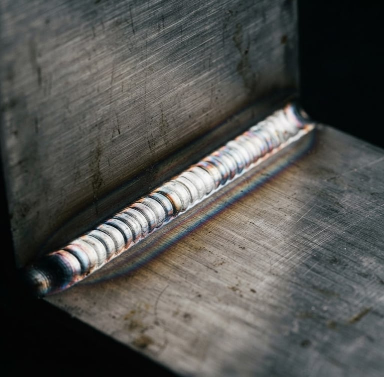 Macro shot of a flawless TIG weld joint on brushed steel, sharp focus, dramatic side lighting, industrial minimalist editorial style