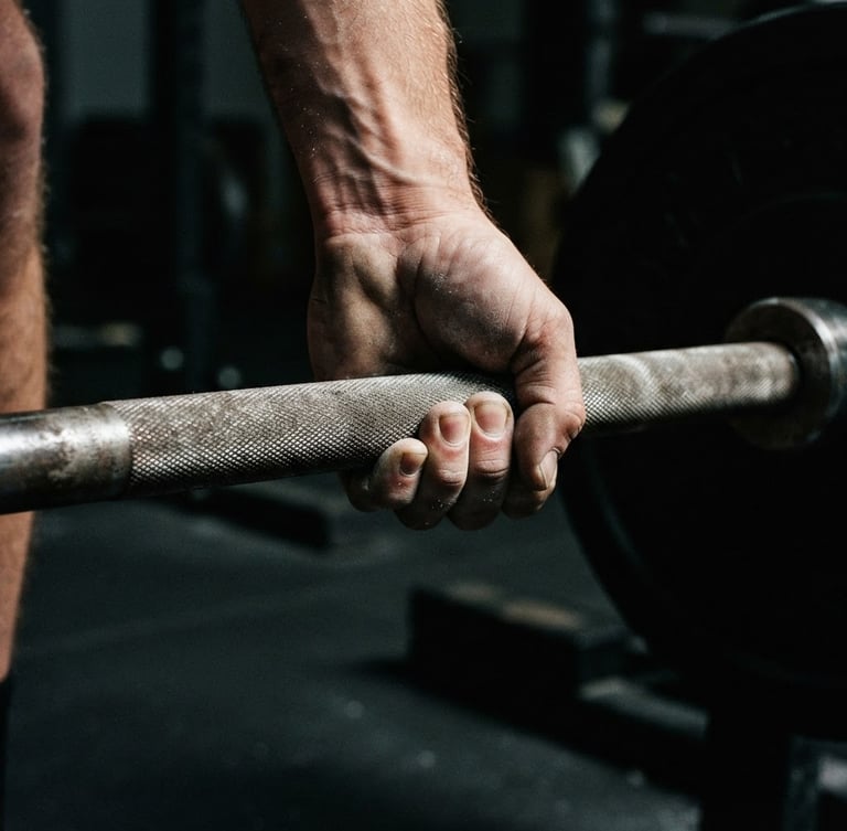 High-contrast editorial photograph of hands gripping a knurled barbell, dramatic side-lighting, deep shadows, sharp focus on raw steel texture, 35mm