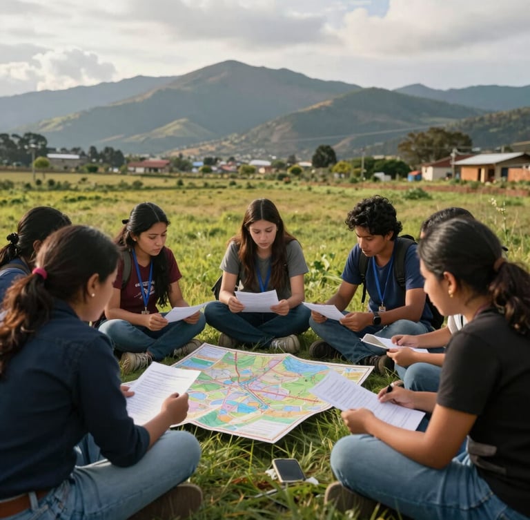 A group of young community leaders sitting in a circle outdoors in a green field, discussing maps and documents, high mountains of Boyacá in the background, warm afternoon light.
