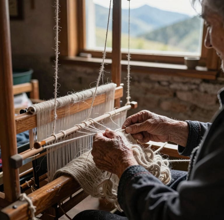 Close-up of elderly hands weaving wool on a traditional wooden loom, natural mountain light streaming from a window, rustic workshop environment.
