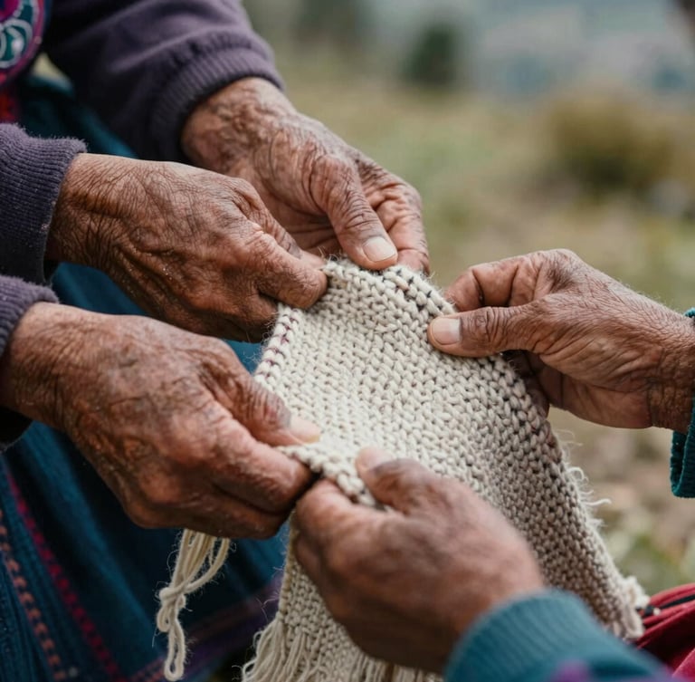 Close-up of hands of different generations holding a hand-woven wool textile from Boyacá, natural mountain light, warm tones