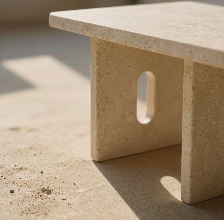 A close-up of a travertine side table casting a long, soft shadow on a warm sand floor, low-angle afternoon sunlight, 35mm photography