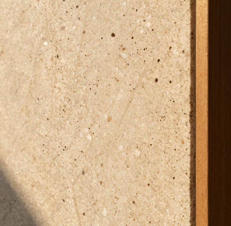 Macro close-up of warm textured travertine stone showing natural pores and organic veins, low-angle afternoon sunlight casting soft shadows, 35mm