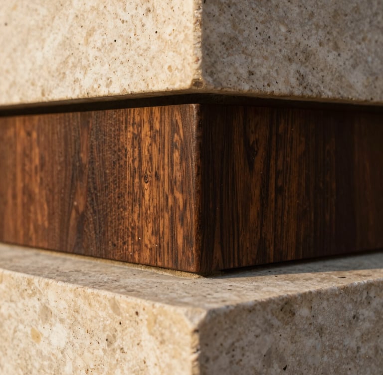Macro crop of dark wood grain meeting polished travertine stone, warm afternoon sunlight, sharp texture contrast, architectural framing, 35mm