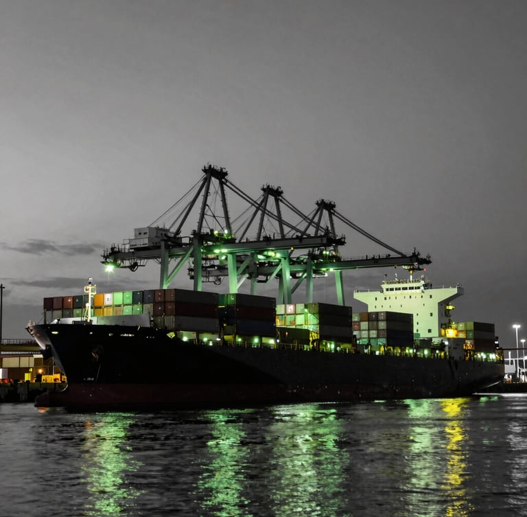 High-contrast industrial shipping terminal at dusk, dark container ships, sharp neon green crane lights reflecting on black water, desaturated tones, portrait framing