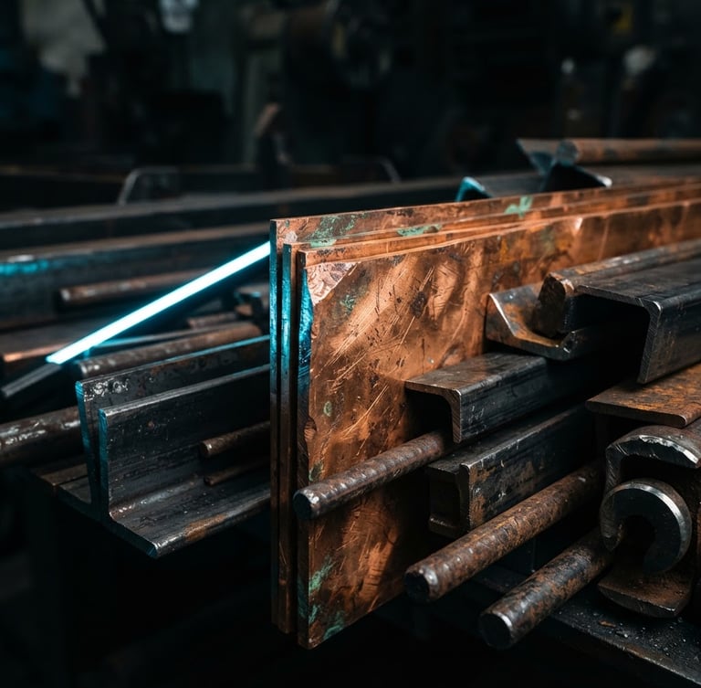 High-contrast macro shot of raw copper alloy sheets and industrial metal bars under dramatic low-key lighting.