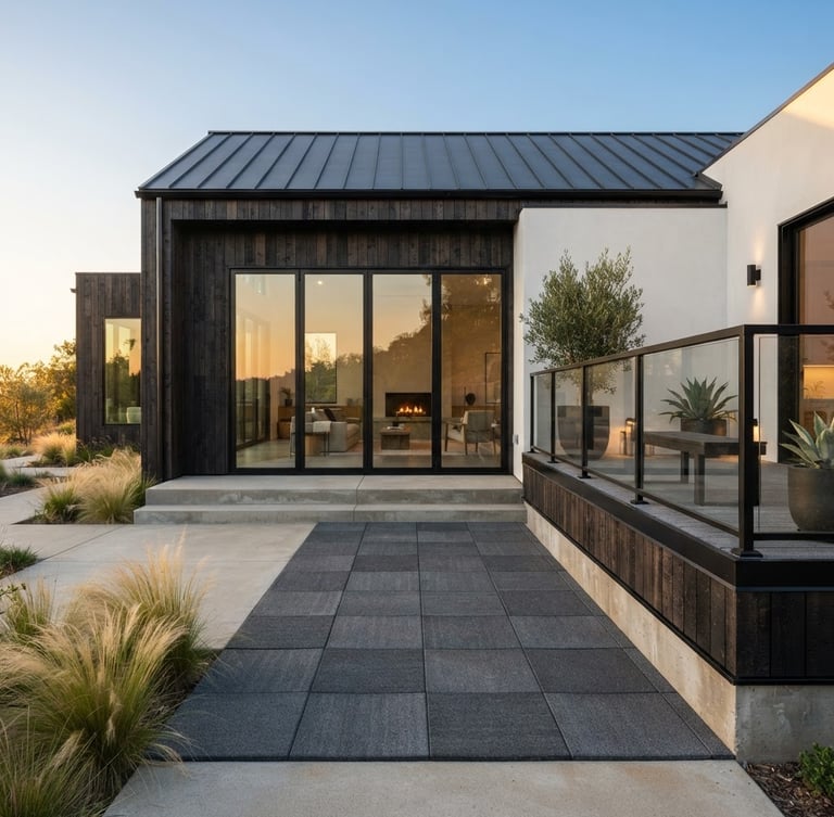 Wide architectural elevation of a modern home exterior at golden hour, showing a section of interlocking rubber deck tiles seamlessly integrated with the building's foundation, sharp focus on the material texture and clean lines, high-contrast natural daylight, to the right third of the frame.