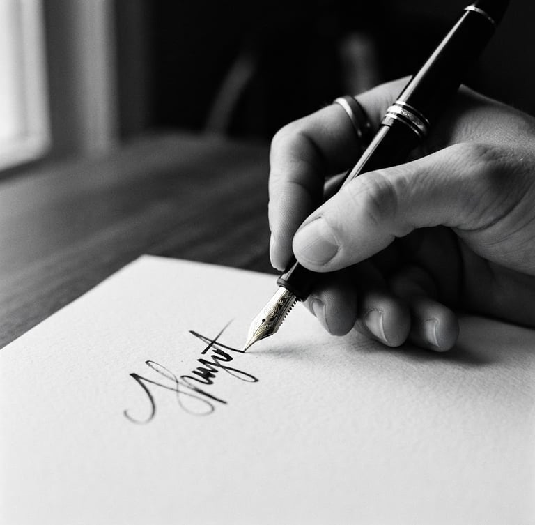 Close-up of a hand holding a fountain pen writing on textured paper, soft diffused daylight, high-contrast black and white, shallow depth of field, 35mm film grain, minimalist editorial photography