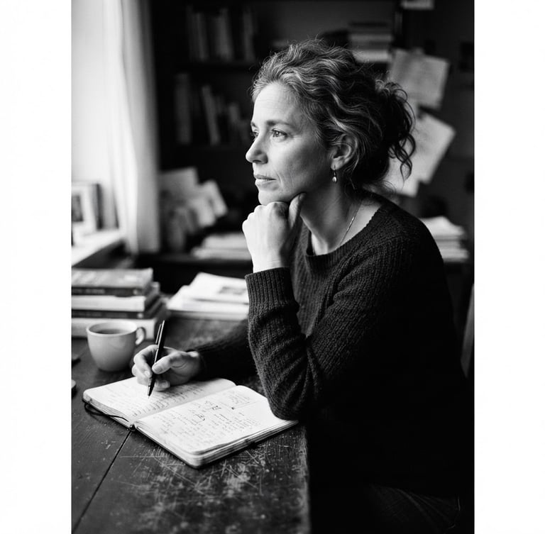 Portrait of Leila Krüger, a thoughtful journalist and writer, in a contemplative setting, soft diffused daylight, high-contrast black and white, shallow depth of field, 35mm film grain, sitting at a wooden desk with an open notebook and ink pen, looking slightly off-camera.