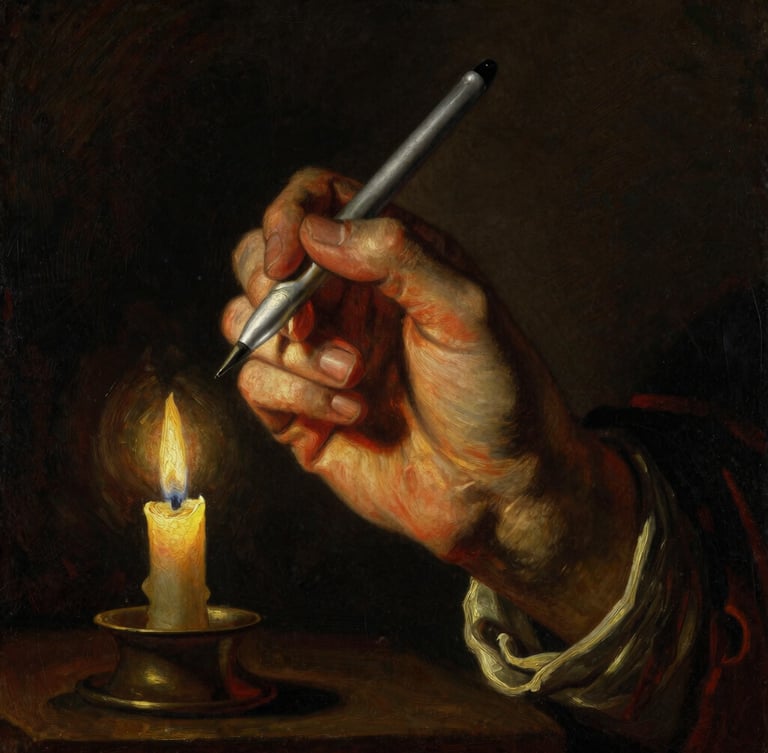 A dramatic chiaroscuro portrait of an artist's hand holding a stylus, illuminated by a single candle, deep rich shadows, gold and crimson highlights, fine art texture