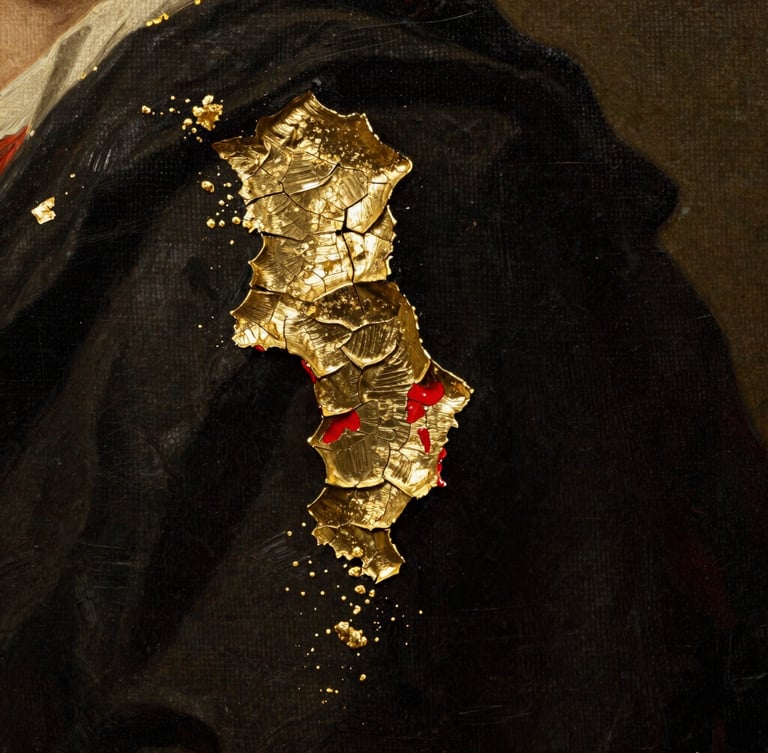 Macro shot of thick oil paint textures with gold leaf cracking under a warm, raking side light, deep near-black shadows, fine art canvas texture