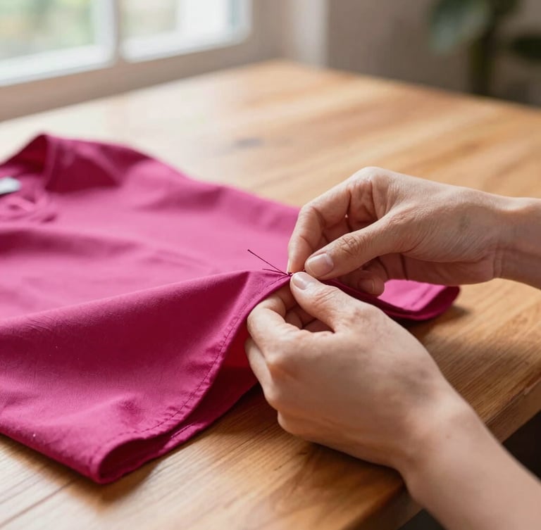 Close-up of artisan hands carefully stitching a colorful magenta fabric garment on a wooden table, warm natural daylight filtering through a window, shallow depth of field