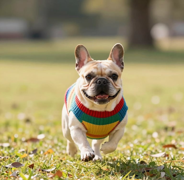 Eye-level warm editorial photo of a happy French Bulldog wearing a colorful original design knit sweater, running in a sunlit park, shallow depth of field, 35mm lens