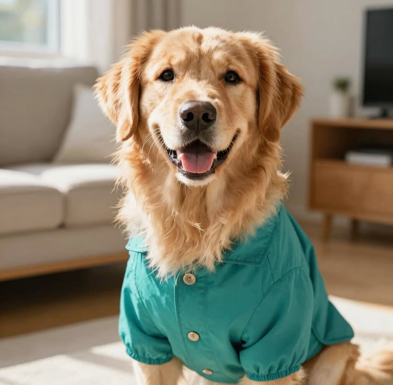 Eye-level warm editorial portrait of a happy golden retriever wearing a tailored teal jacket, sitting comfortably in a sunlit home, shallow depth of field, 35mm lens