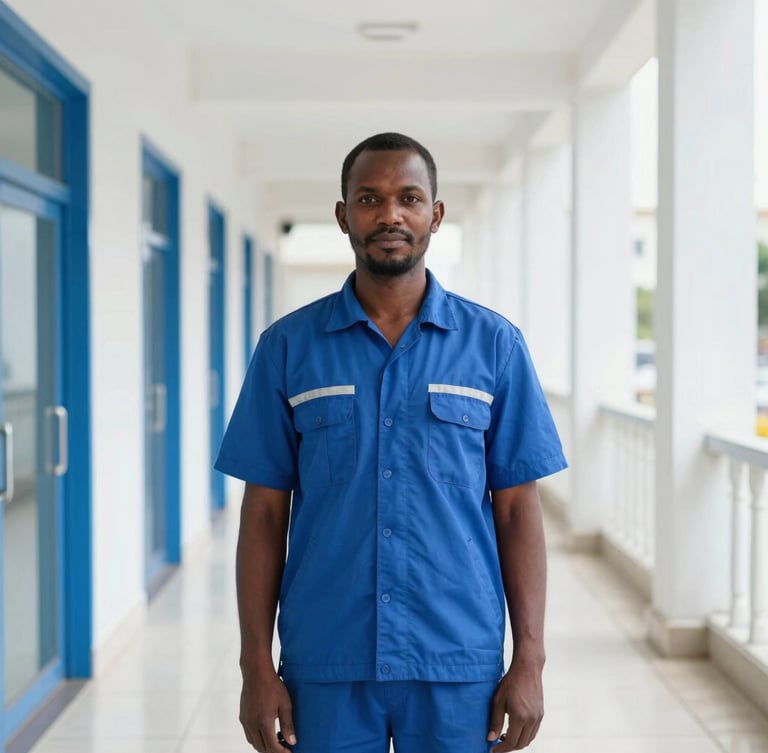 A professional Somali maintenance worker in a clean uniform, standing proudly in a brightly lit, modern commercial corridor in Baidoa, daylight, corporate blue tones, 35mm lens