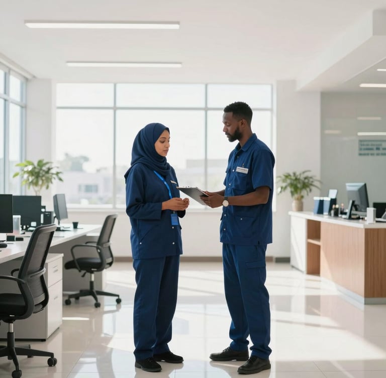 A professional Somali facility manager in a clean, dark blue uniform inspecting a bright, sunlit modern office lobby in Baidoa, daylight streaming through large windows, highly structured and organized environment, 35mm lens.