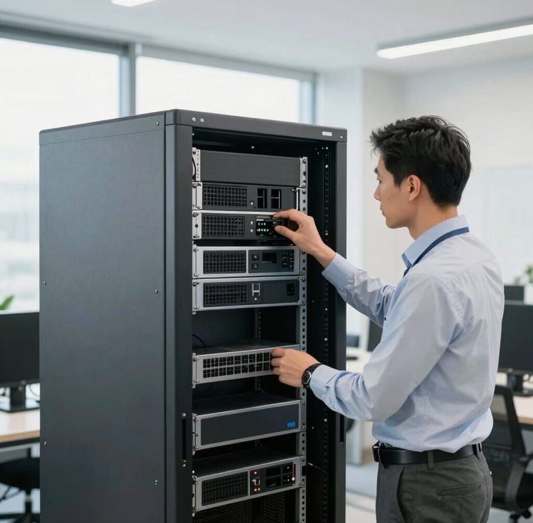 A professional technical consultant in a clean office environment configuring an IT server rack, natural bright daylight, sharp focus, 35mm lens.