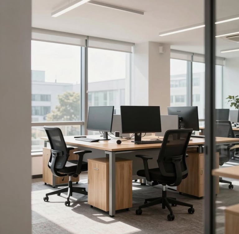 Bright modern office workspace, clean wooden desks, ergonomic chairs, dual monitor setup, soft natural light from large windows, professional architectural framing, 35mm lens