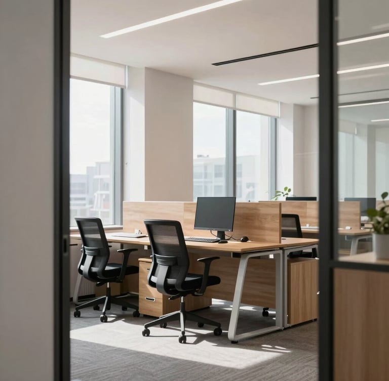 Bright modern office interior with ergonomic chairs and wooden desks, natural light pouring in from large windows, professional architectural framing