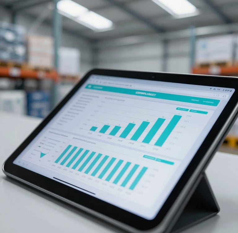 Close-up of a tablet displaying clean compliance data charts inside a modern well-lit industrial warehouse, cool daylight with digital cyan highlights
