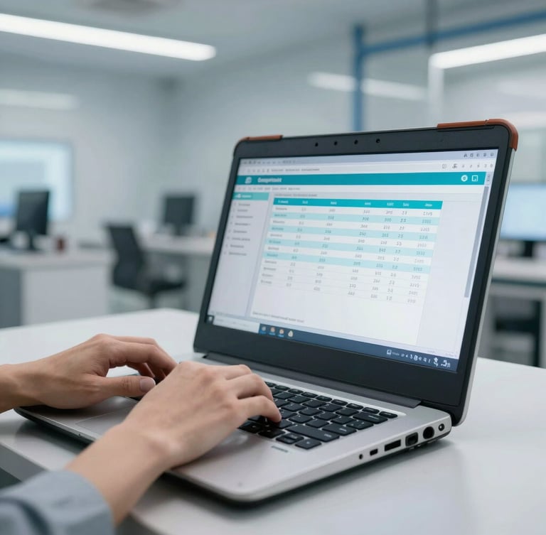 Close-up of hands typing compliance data on a rugged laptop screen inside a modern, clean industrial facility, cool morning daylight, professional editorial style.