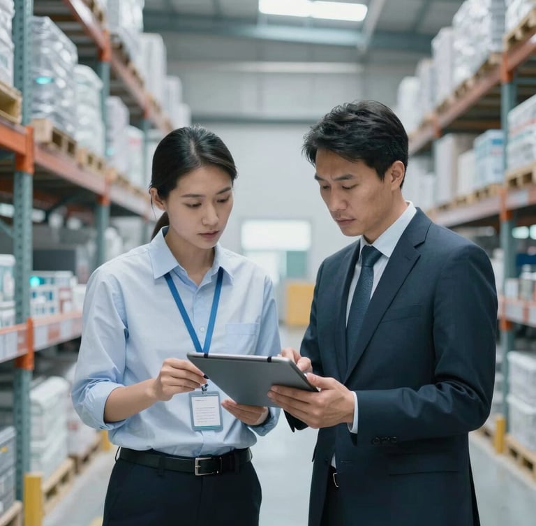 Professional editorial portrait of a technical consultant reviewing industrial compliance data on a tablet inside a modern, clean, organized warehouse, cool daylight with digital cyan highlights, 35mm