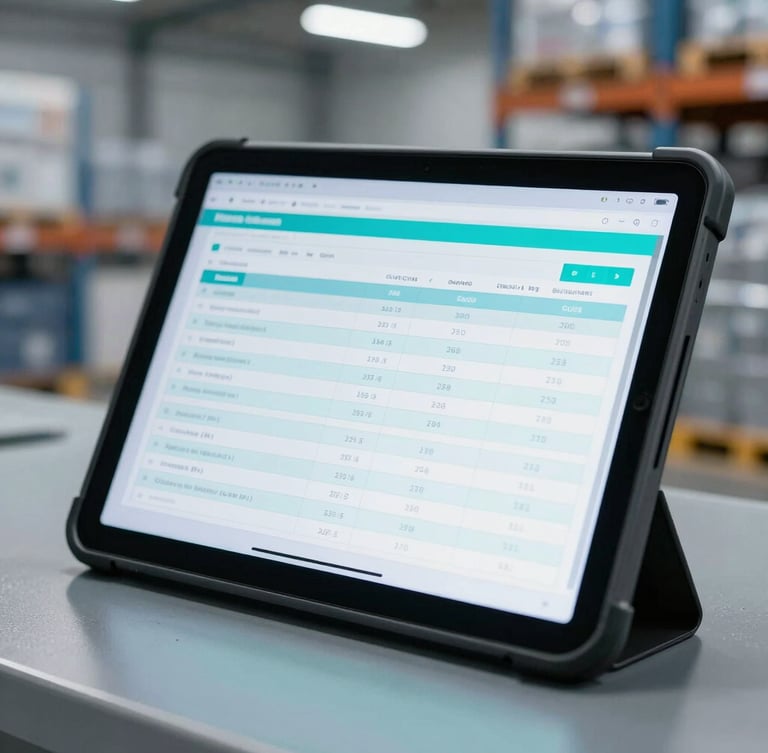 Close-up of a rugged industrial tablet displaying clean compliance data streams in a modern warehouse, cool daylight with subtle cyan glow, 35mm