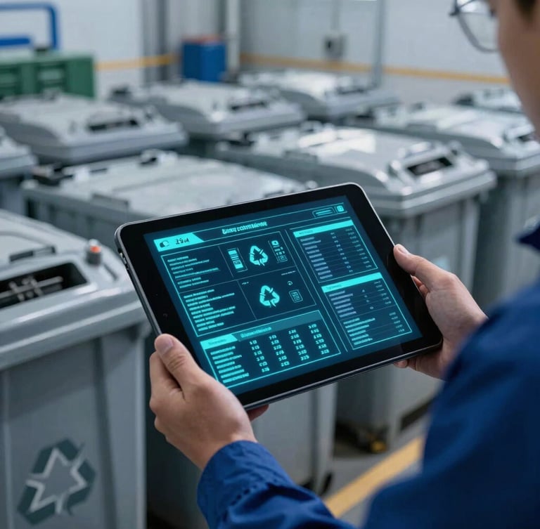 Industrial tablet displaying digital compliance data with glowing cyan interfaces, held by a worker in front of clean, organized recycling containers in cool morning light, 35mm professional editorial photography.