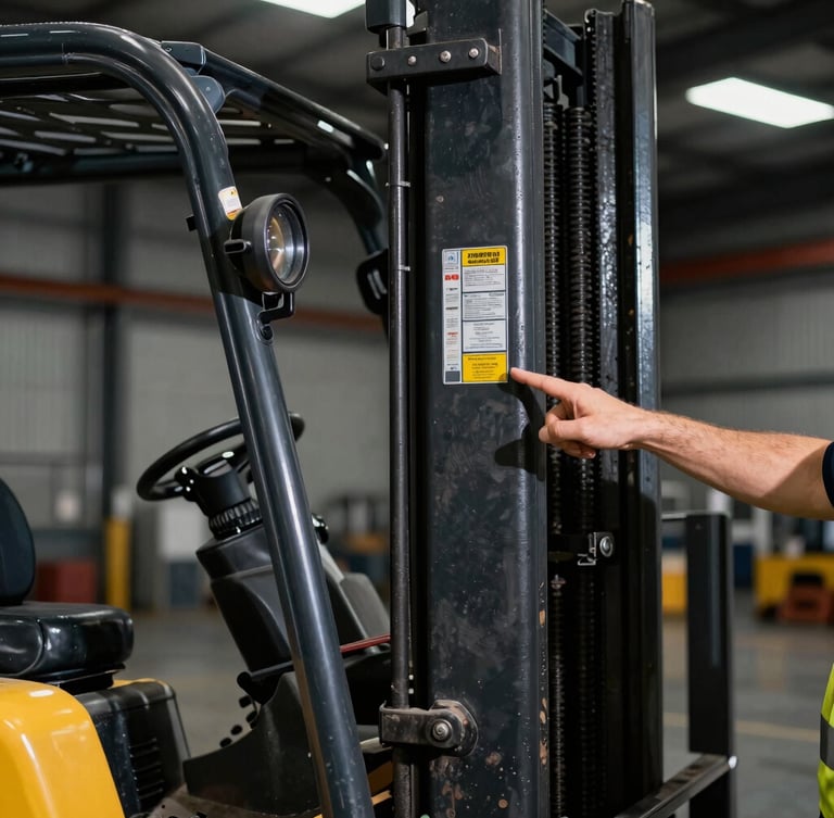 Close-up of an instructor pointing out safety details on a forklift mast, warehouse background with high-contrast overhead lighting, sharp shadows, 35mm lens.